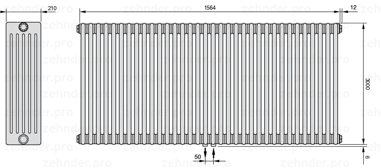 Схема (чертеж) Радиатор Zehnder Charleston 6300/34 №5410 Белый глянцевый RAL 9016